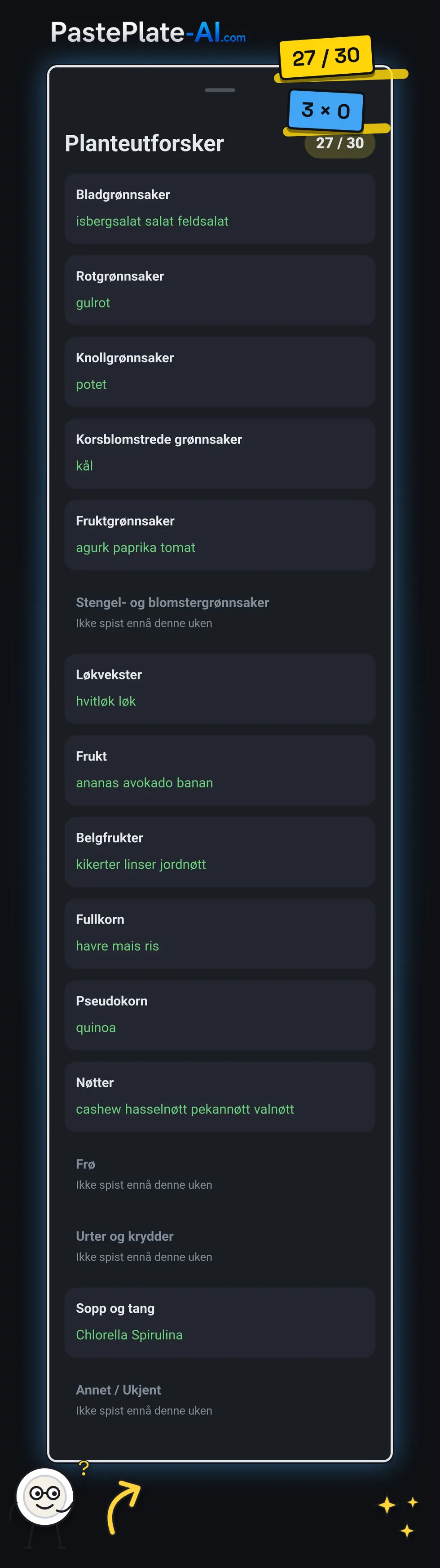 Skjermen Planteutforsker i appen PastePlate-AI med 27 av 30 planter. Grupper som bladgrønt, frukt, belgvekster og nøtter viser plantene som er spist. Stilkgrønnsaker, frø, urter og krydder og Annet viser "Ikke spist ennå denne uken".