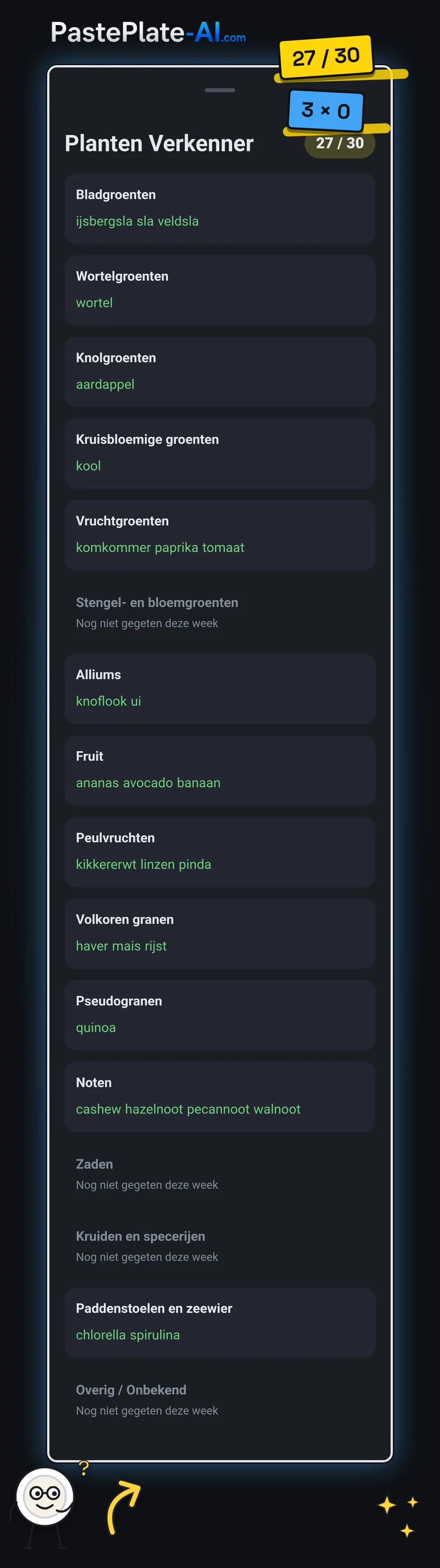 Het scherm Planten Verkenner in de app van PastePlate-AI met 27 van 30 planten. Groepen zoals bladgroenten, fruit, peulvruchten en noten tonen de gegeten planten. Stengelgroenten, zaden, kruiden en specerijen, en Overig tonen "Nog niet gegeten deze week".