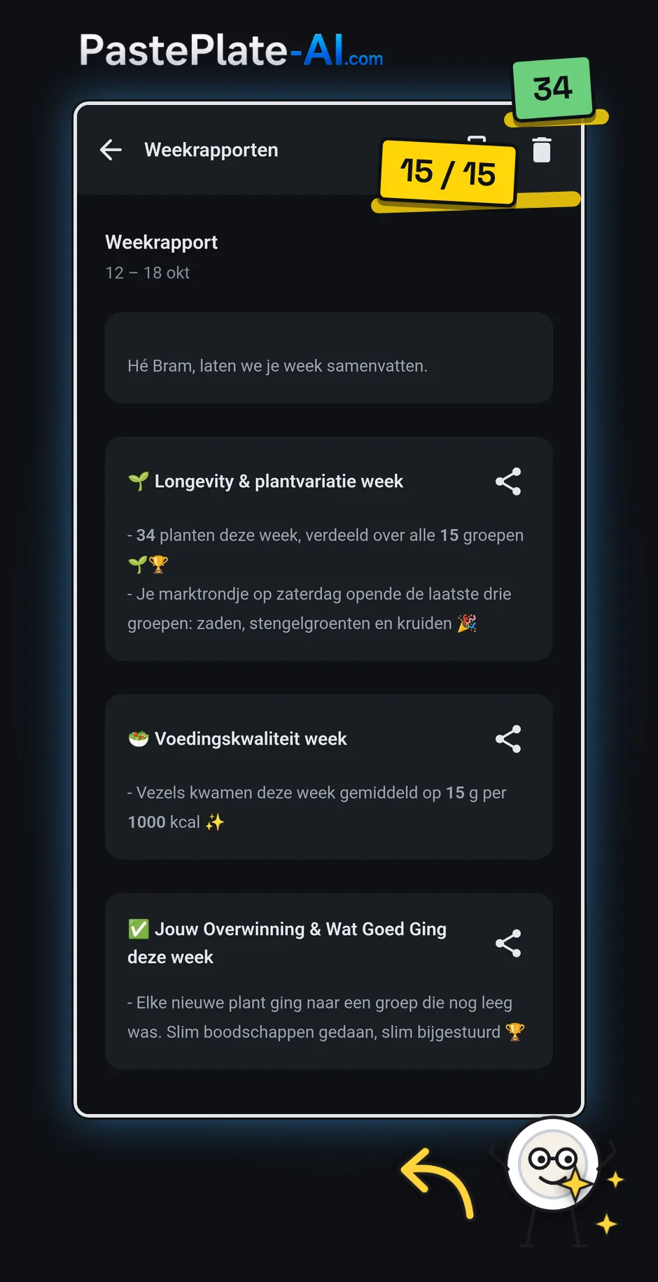 Het weekrapport in de app van PastePlate-AI voor 12 tot 18 oktober, met een sectie over longevity en plantvariatie die 34 planten in alle 15 groepen meldt, een sectie over voedingskwaliteit en vezels, en een sectie over wat goed ging.