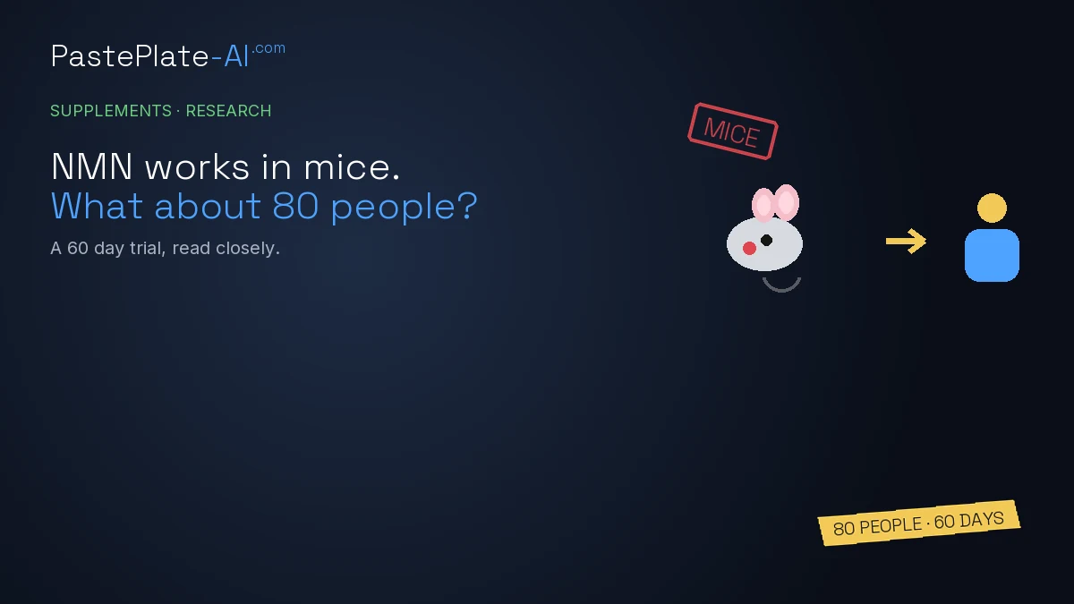 A drawn mouse with a red Mice stamp, an arrow to a drawn person, the title "NMN works in mice. What about 80 people?" and a yellow tag that says 80 people, 60 days.