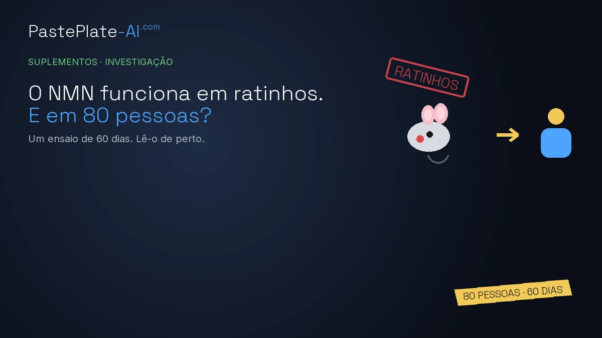 Um rato desenhado com um carimbo vermelho Ratos, uma seta para uma pessoa desenhada, o título "O NMN funciona em ratos. E em 80 pessoas?" e uma etiqueta amarela: 80 pessoas, 60 dias.
