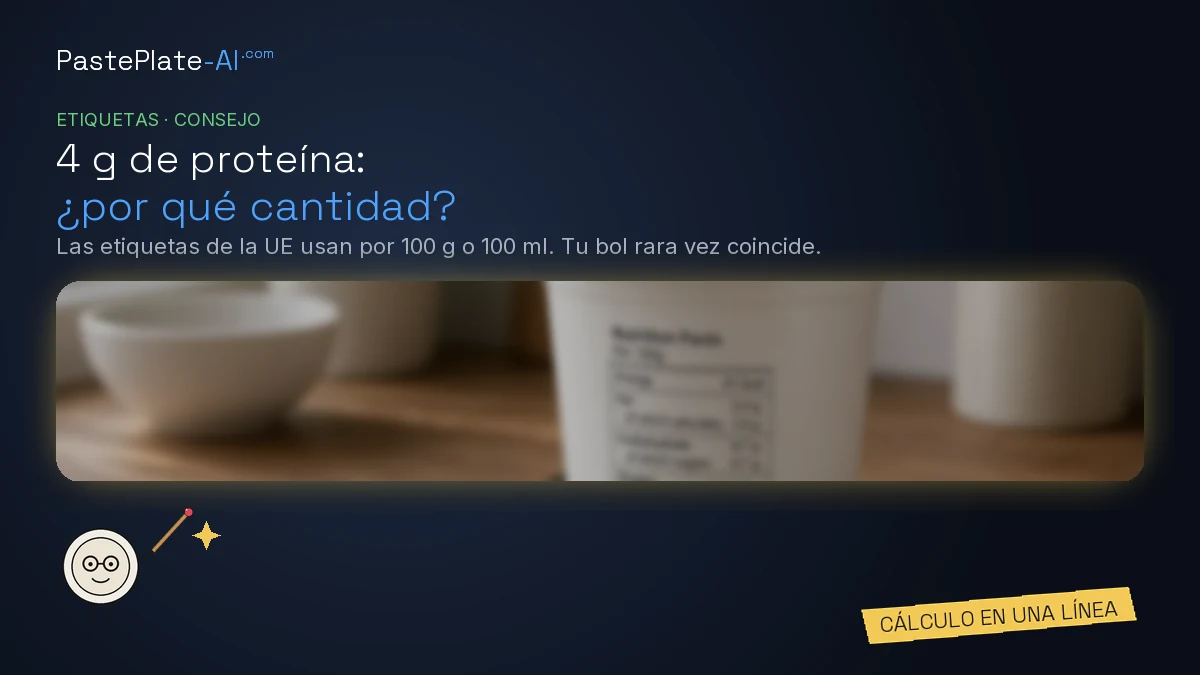 Un personaje plato dibujado con un puntero junto al título «4 g de proteína: ¿por qué cantidad?» y una etiqueta amarilla: Cálculo en una línea.