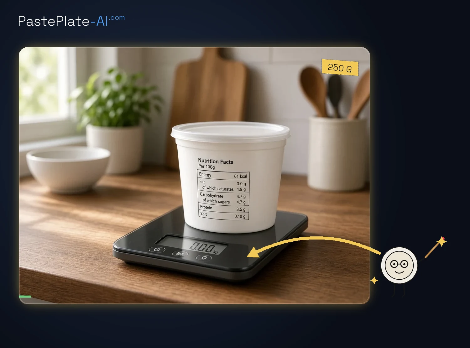 Un bote de yogur con tabla nutricional y una báscula de cocina sobre encimera de madera, en estilo de foto con marco oscuro.