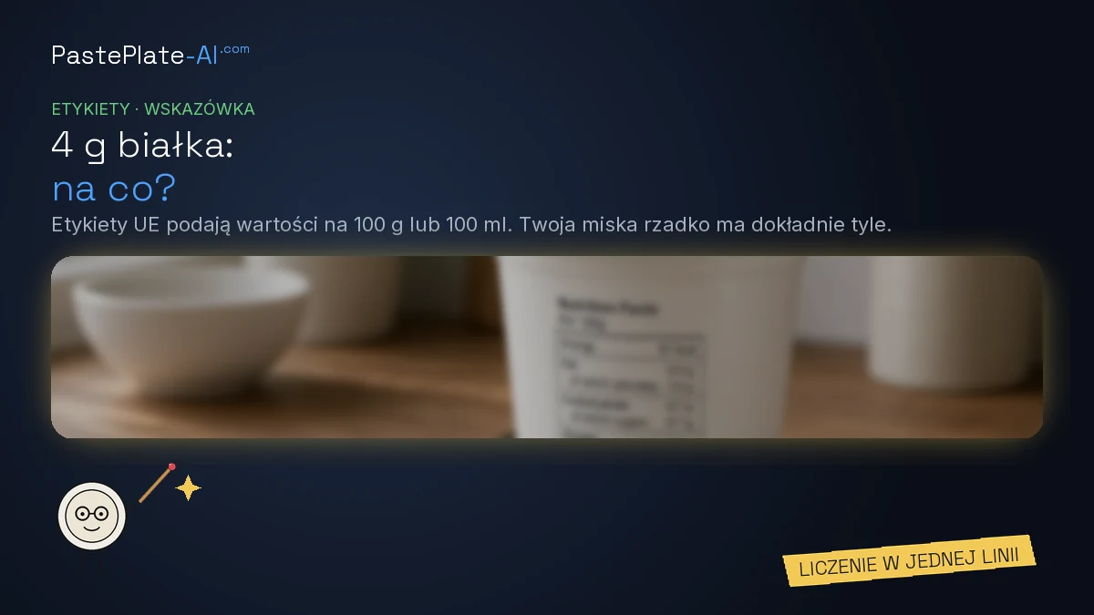 Narysowana postać talerzyka ze wskaźnikiem obok tytułu „4 g białka: na co?” i żółta etykieta: Liczenie w jednej linii.