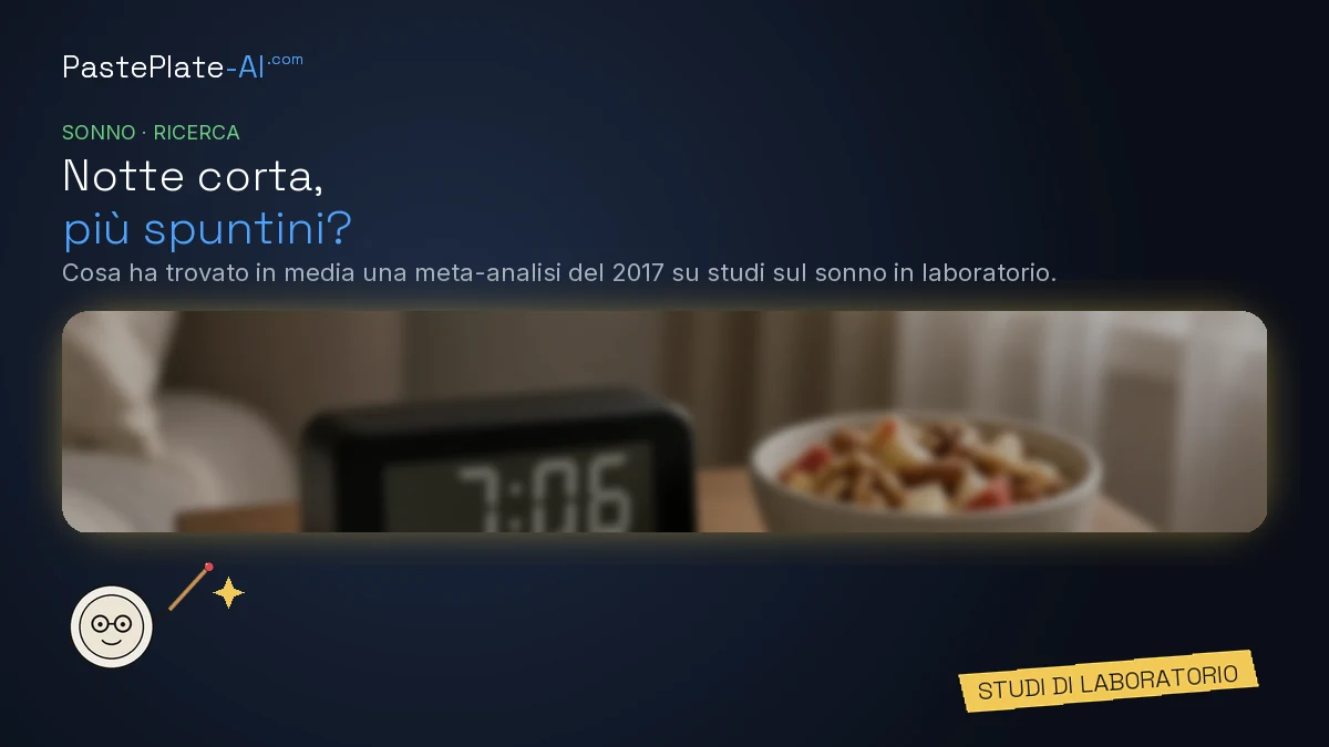 Un personaggio piatto disegnato con una bacchetta accanto al titolo «Notte corta, più snack?» e un'etichetta gialla: Studi di lab.