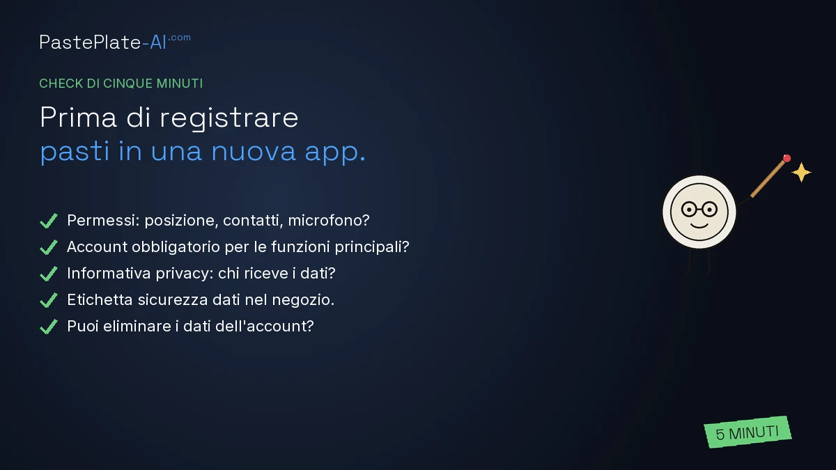 Scheda intitolata «Check di cinque minuti» con permessi, account, informativa, etichetta dati ed eliminazione/export.