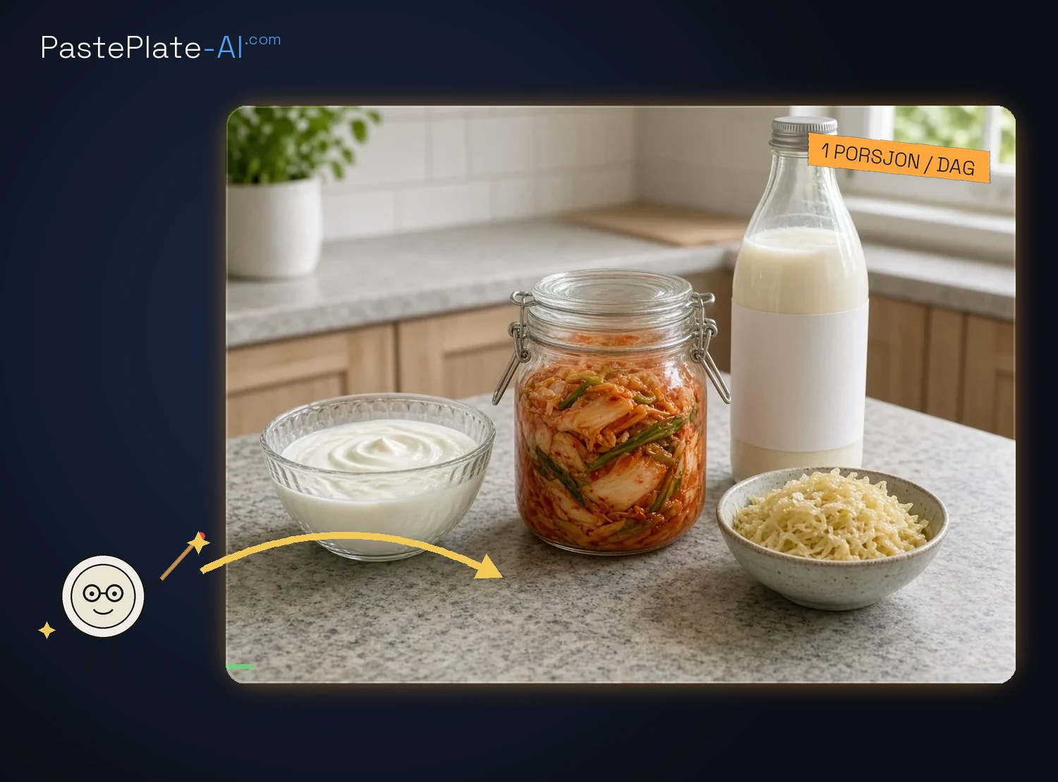 Et kjøkkenbenk med yoghurt, kimchi-glas og kefirflaske i mørk innrammet bildertil.