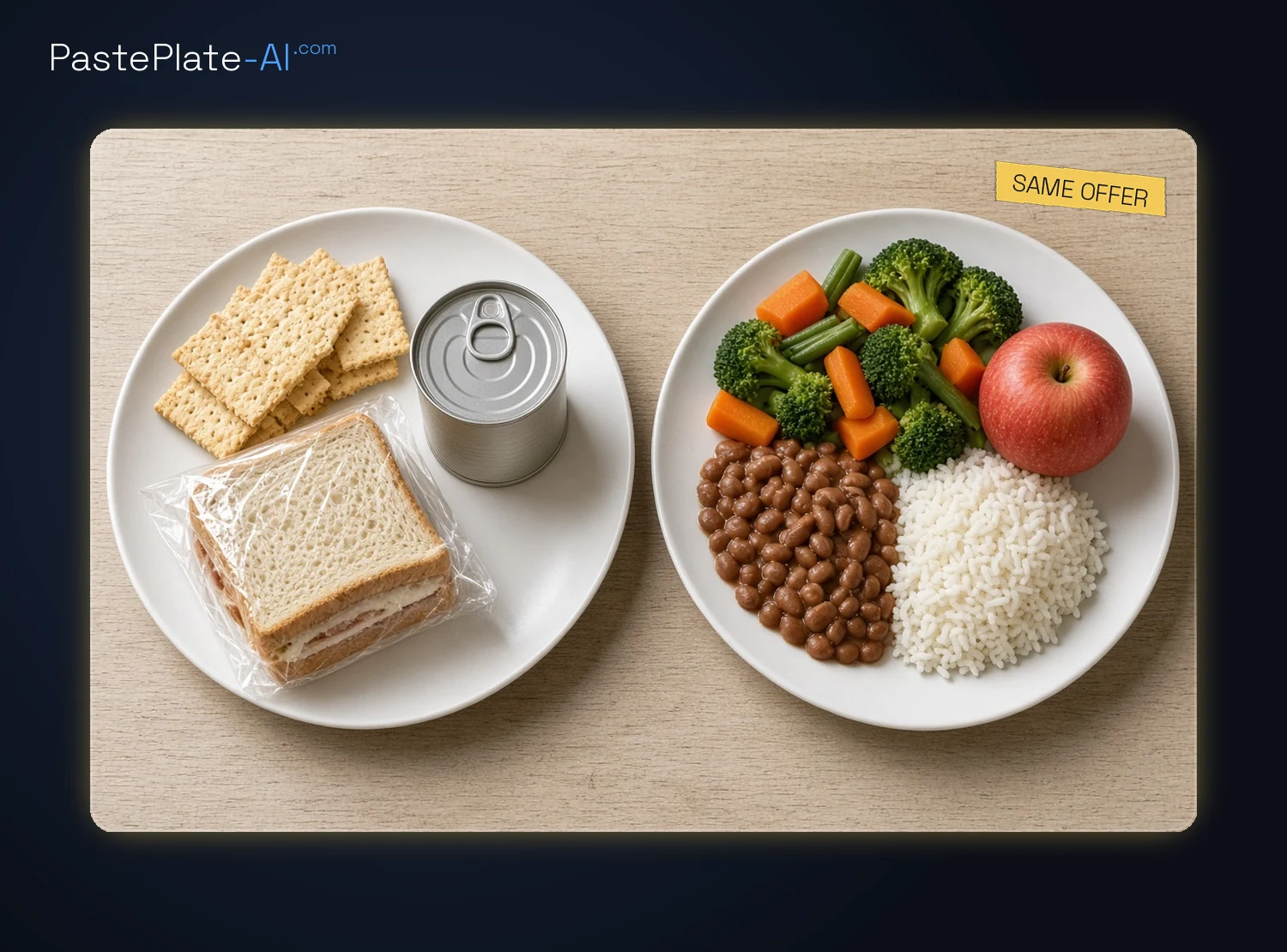 Top-down photo of two plates, one with packaged foods and one with a simple meal, yellow tag Same offer.