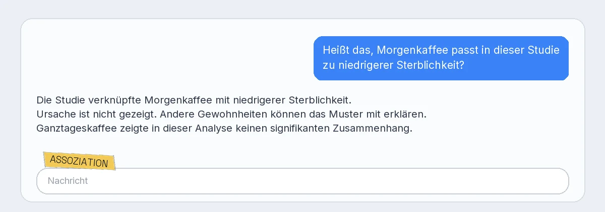 Heller Chat mit Nutzerblase rechts, Antwort links, Nachrichtenleiste, Label Zusammenhang über der Leiste unten links.