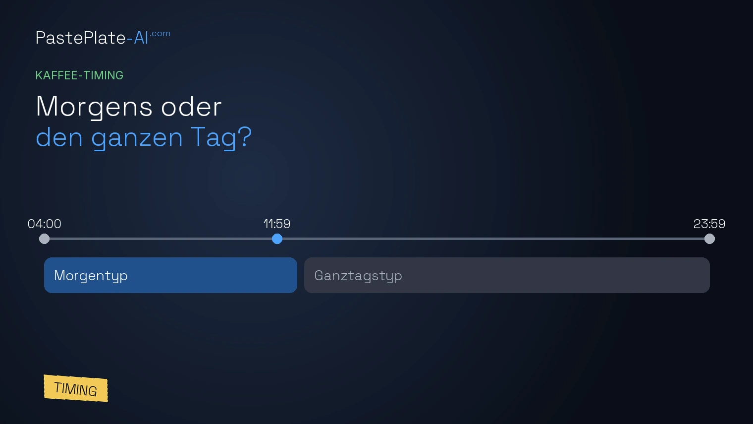 Horizontale Zeitleiste von 04:00 bis 23:59 mit Bändern für Morgen- und Ganztagskaffee und einem gelben Label Timing.