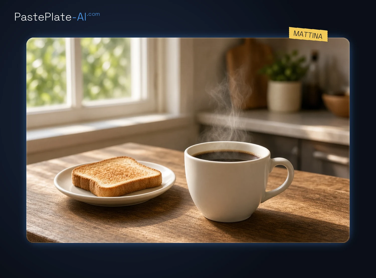 Tavolo da cucina al mattino con una tazza di caffè in luce soffusa, stile foto con cornice scura ed etichetta Mattina.
