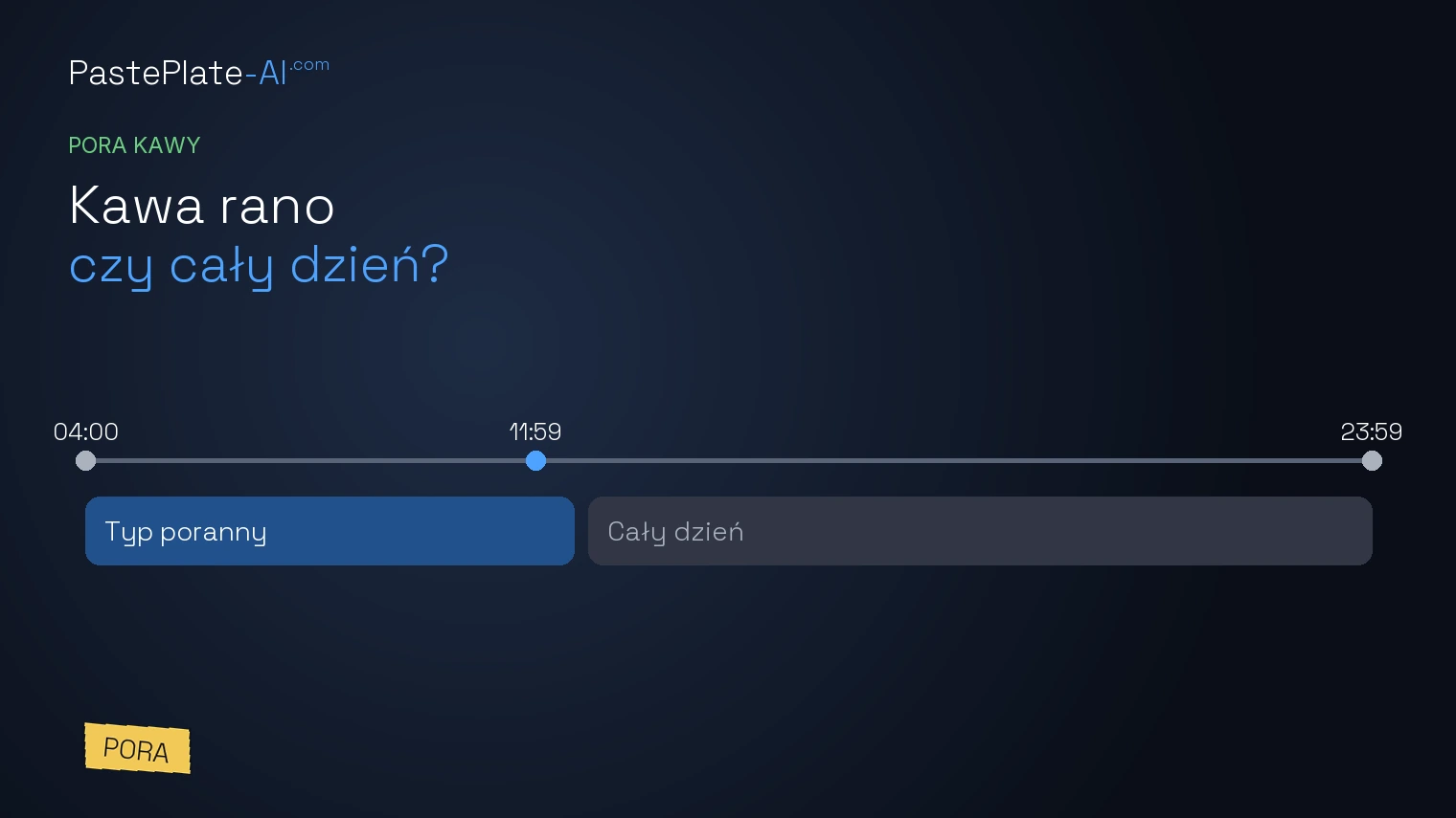 Pozioma oś czasu od 04:00 do 23:59 z pasmami kawy porannej i całodniowej oraz żółtą etykietą Timing.