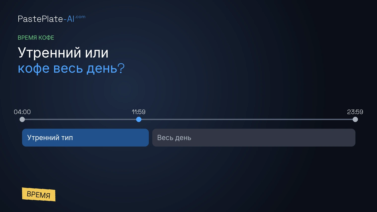 Горизонтальная шкала с 04:00 до 23:59, полосы утреннего и целодневного кофе, жёлтая метка «Время».