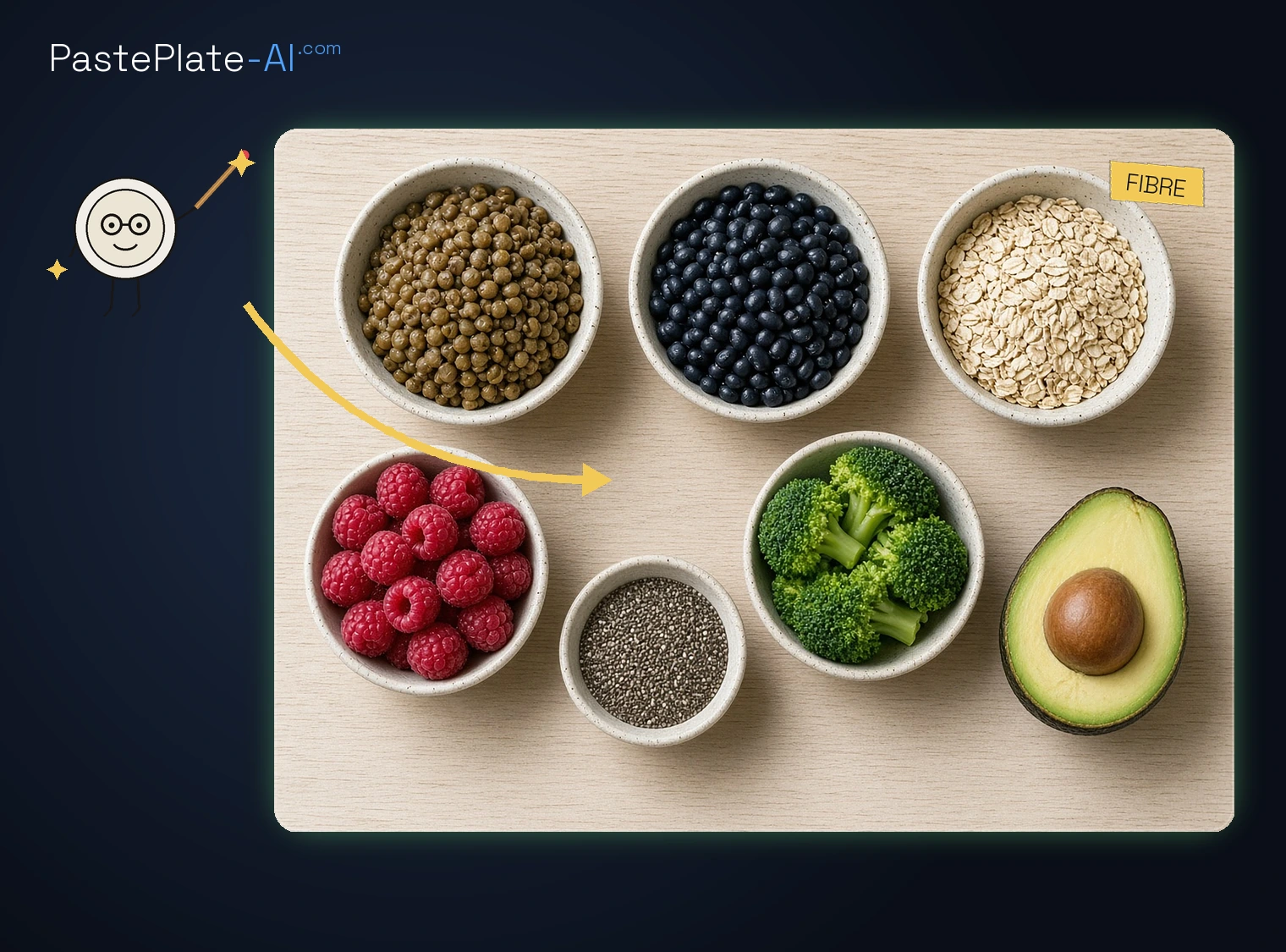 Flat lay of beans, oats, berries and lentils in a dark framed photo with Fibre tag and mascot top left.