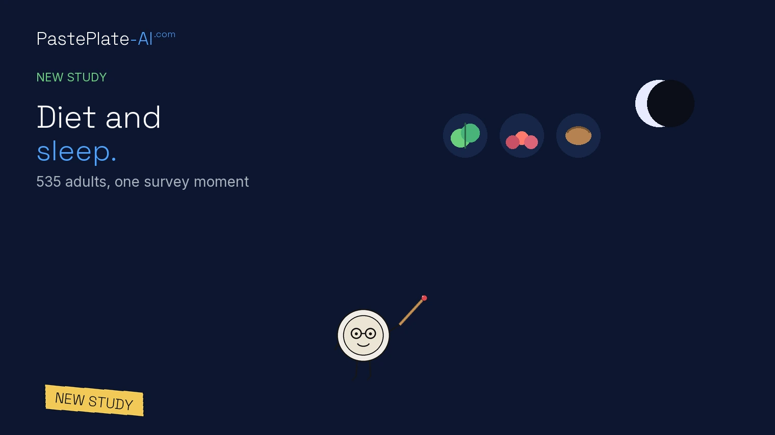 Night card Diet and sleep, 535 adults subtitle, leaf berry and nut icons right, moon, New study tag.