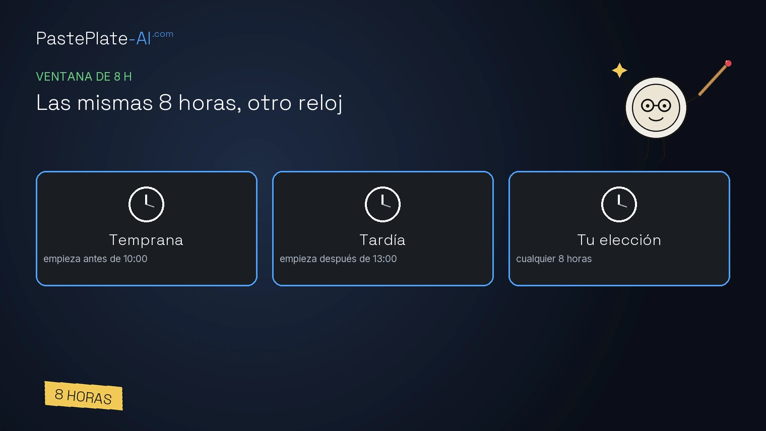 Cabecera Mismas 8 horas, distinto reloj con tres fichas de reloj para Temprano, Tarde y A tu elección con horas de inicio, etiqueta 8 horas.