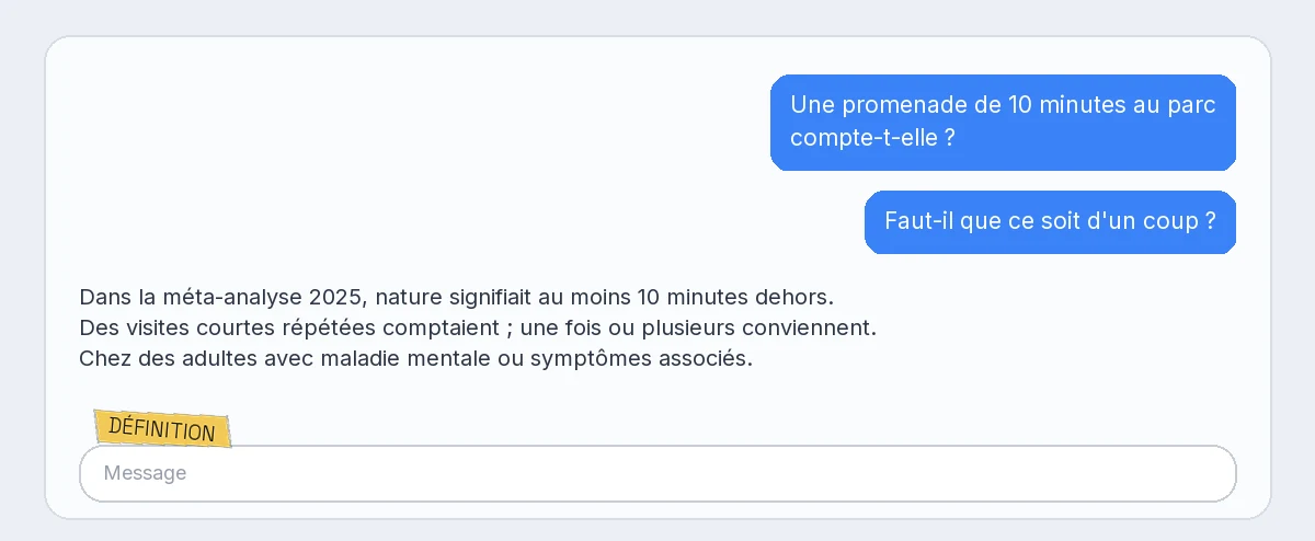 Discussion claire avec deux bulles de l'utilisateur, réponse simple, étiquette Définition au-dessus de la barre de message en bas à gauche.