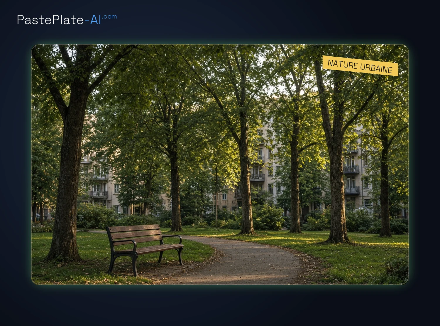 Parc urbain avec des arbres et un banc, aucune personne identifiable, photo à cadre sombre, étiquette Nature urbaine.