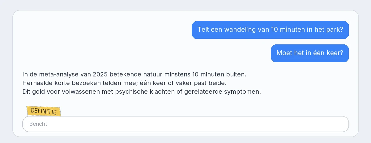 Lichte chat met twee gebruikersballonnen, eenvoudig antwoord, label Definitie boven de berichtbalk linksonder.