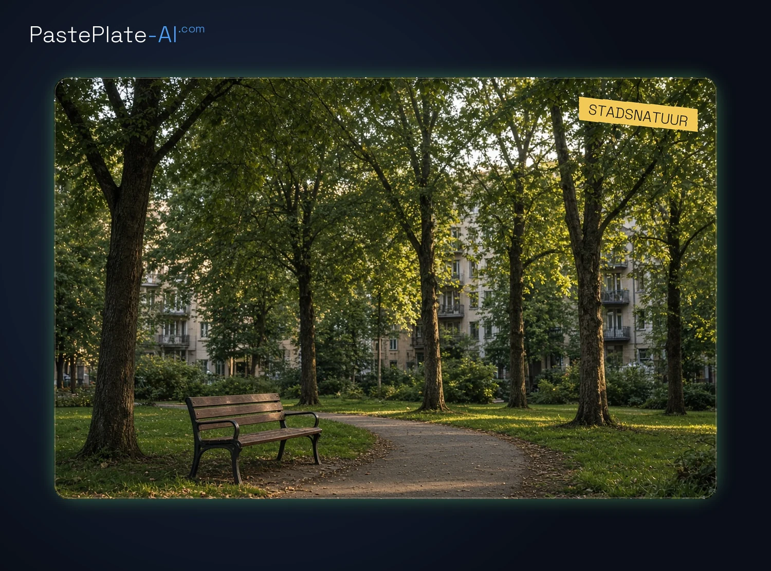 Stadspark met bomen en een bankje, geen herkenbare mensen, donker omkaderde foto, label Stadsnatuur.