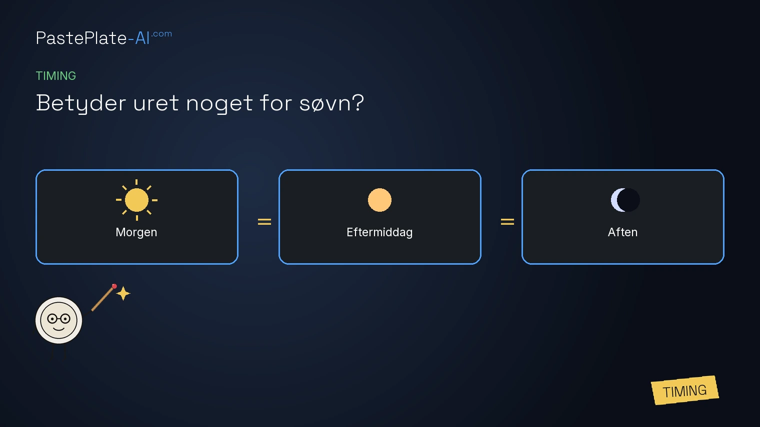 Fliser Morgen = Eftermiddag = Aften med store lighedstegn imellem, Betyder klokken noget for søvn, label Timing.