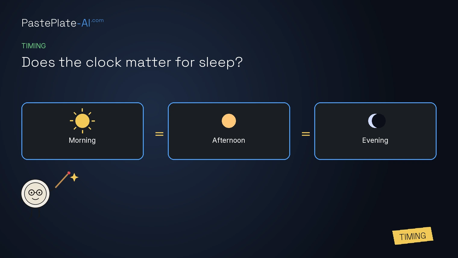 Morning = Afternoon = Evening tiles with large equals between them, Does the clock matter for sleep, Timing tag.