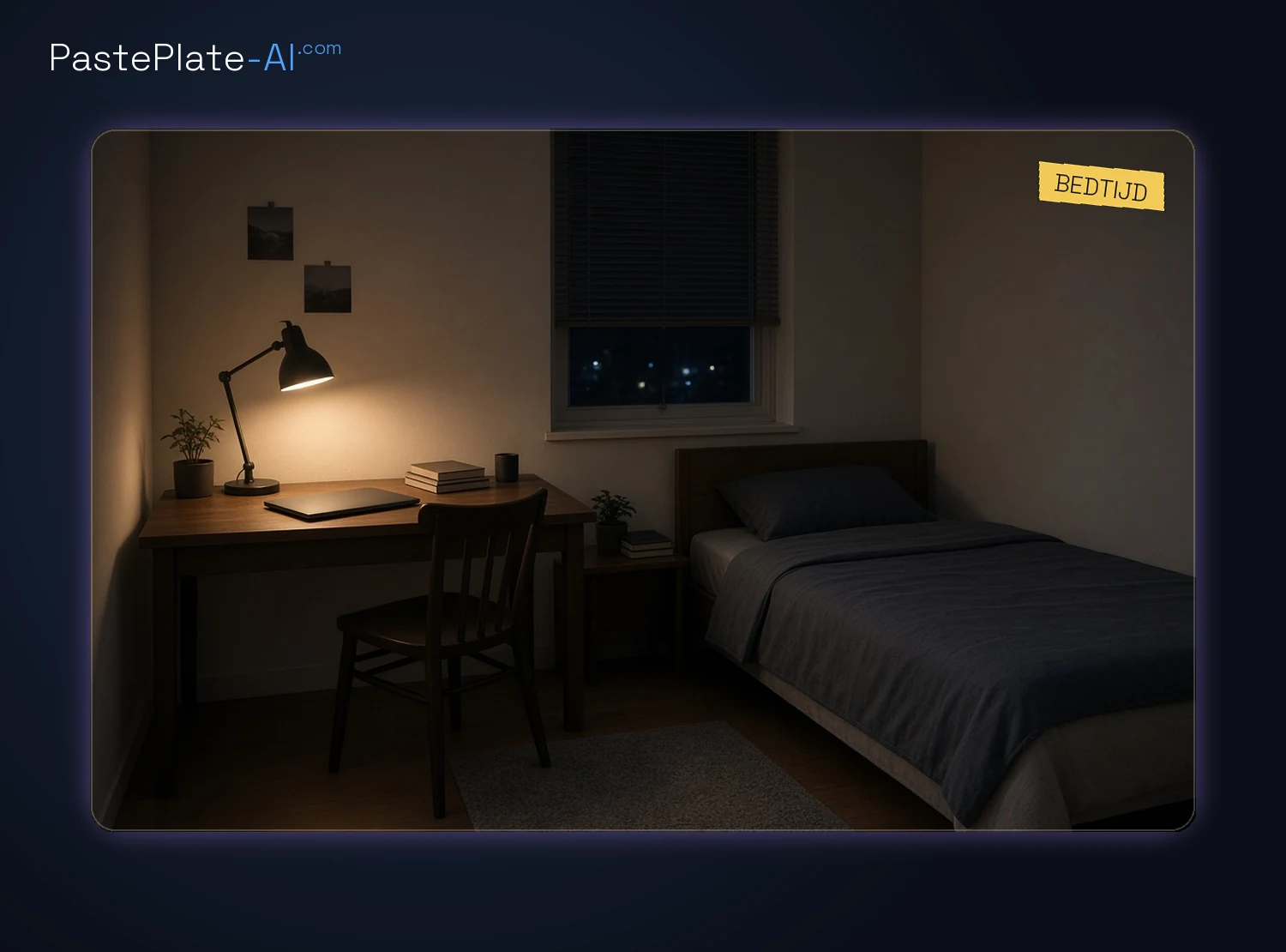 Tienerbureau 's nachts met lamp en gesloten laptop, geen mensen, donker omkaderde foto, label Bedtijd.