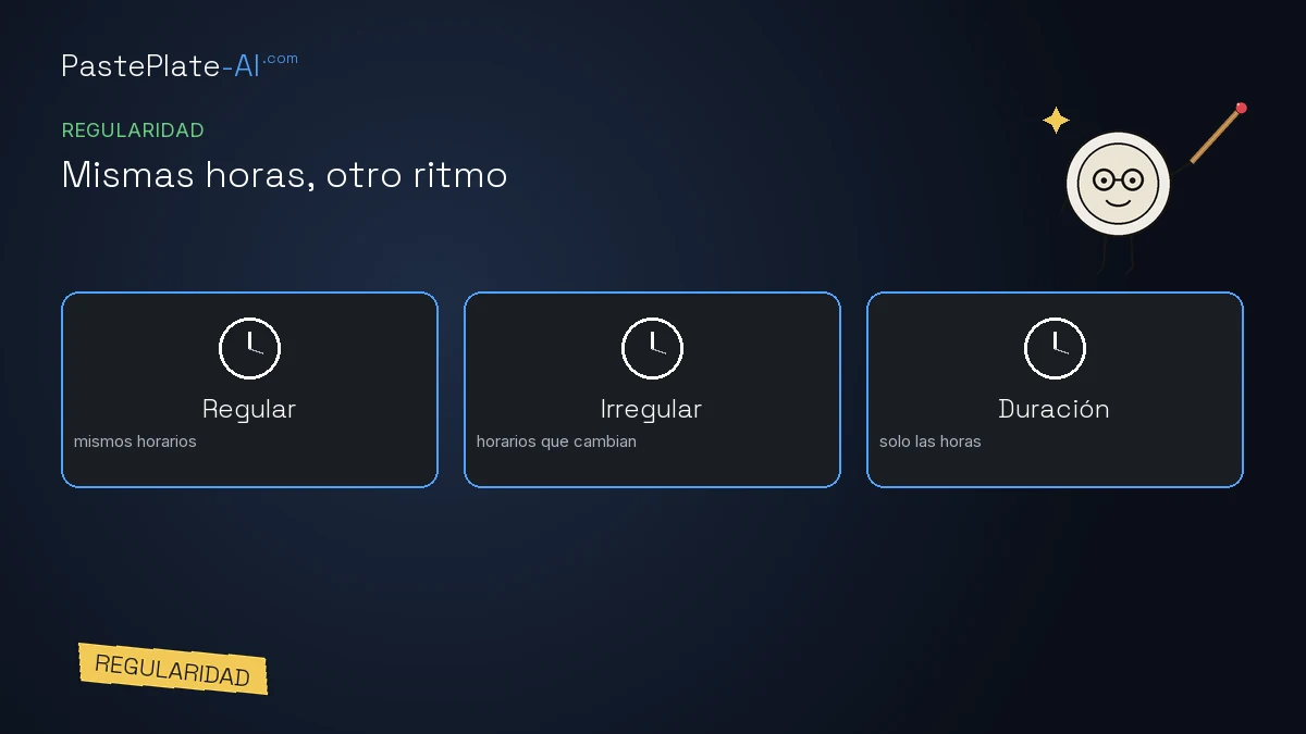 Tres tarjetas: Regular, mismos horarios cada día; Irregular, los horarios cambian; Duración, solo las horas totales. Etiqueta Regularidad.