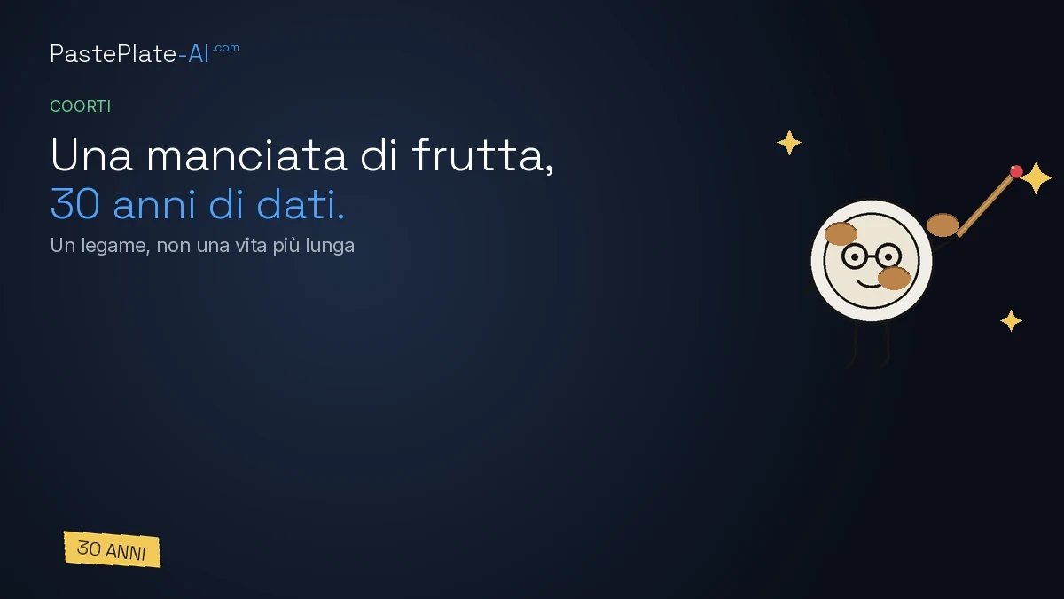 Titolo a sinistra, mascotte a destra con tre frutti a guscio, etichetta gialla 30 anni.