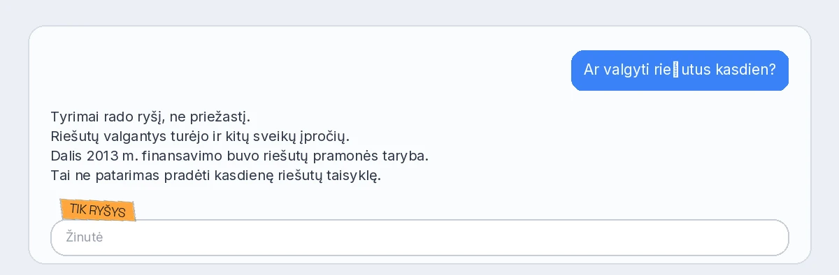 Šviesus pokalbis: ar valgyti riešutus kasdien? Atsargus atsakymas apie ryšį, įpročius ir finansavimą. Oranžinė žyma Tik ryšys.