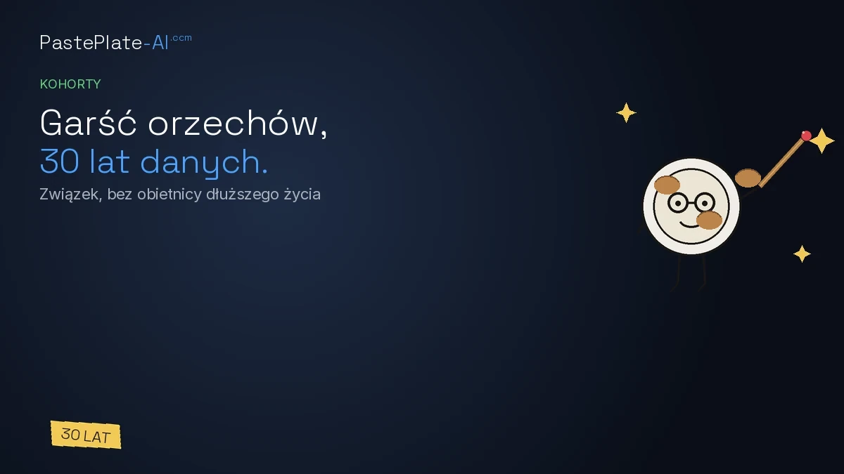 Tytuł po lewej, maskotka po prawej z trzema orzechami, żółta etykieta 30 lat.