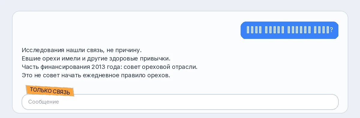 Светлый чат: есть орехи каждый день? Осторожный ответ про связь, привычки и финансирование. Оранжевая метка Только связь.