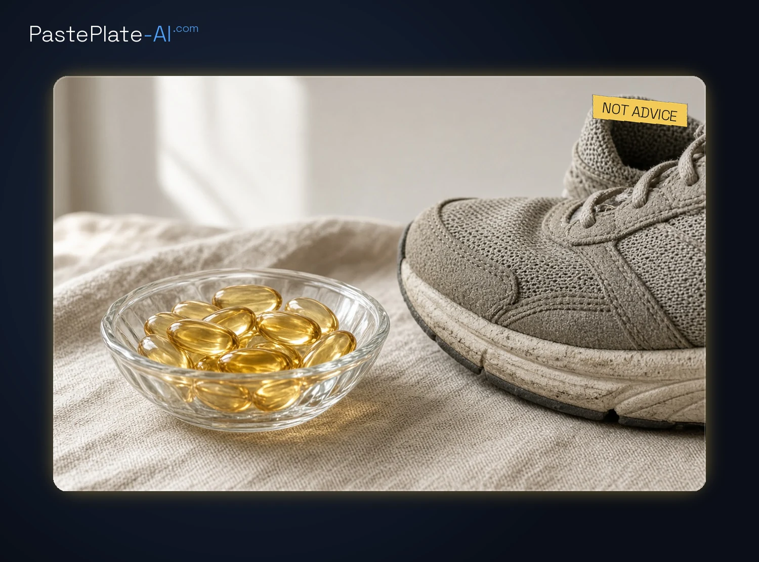 Plain capsules in a glass dish next to a walking shoe, no brand, yellow tag Not advice.