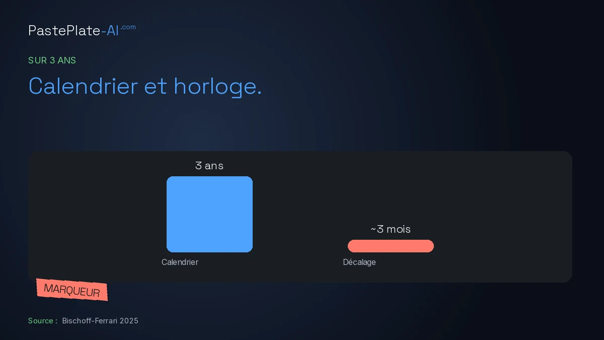 Deux barres: 3 ans de calendrier, et une horloge environ 3 mois plus lente. Étiquette corail Marqueur.