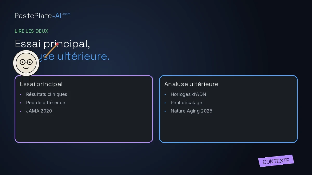 Deux colonnes: essai principal face à l'analyse ultérieure des horloges. Étiquette violette Contexte. Mascotte en haut à gauche.