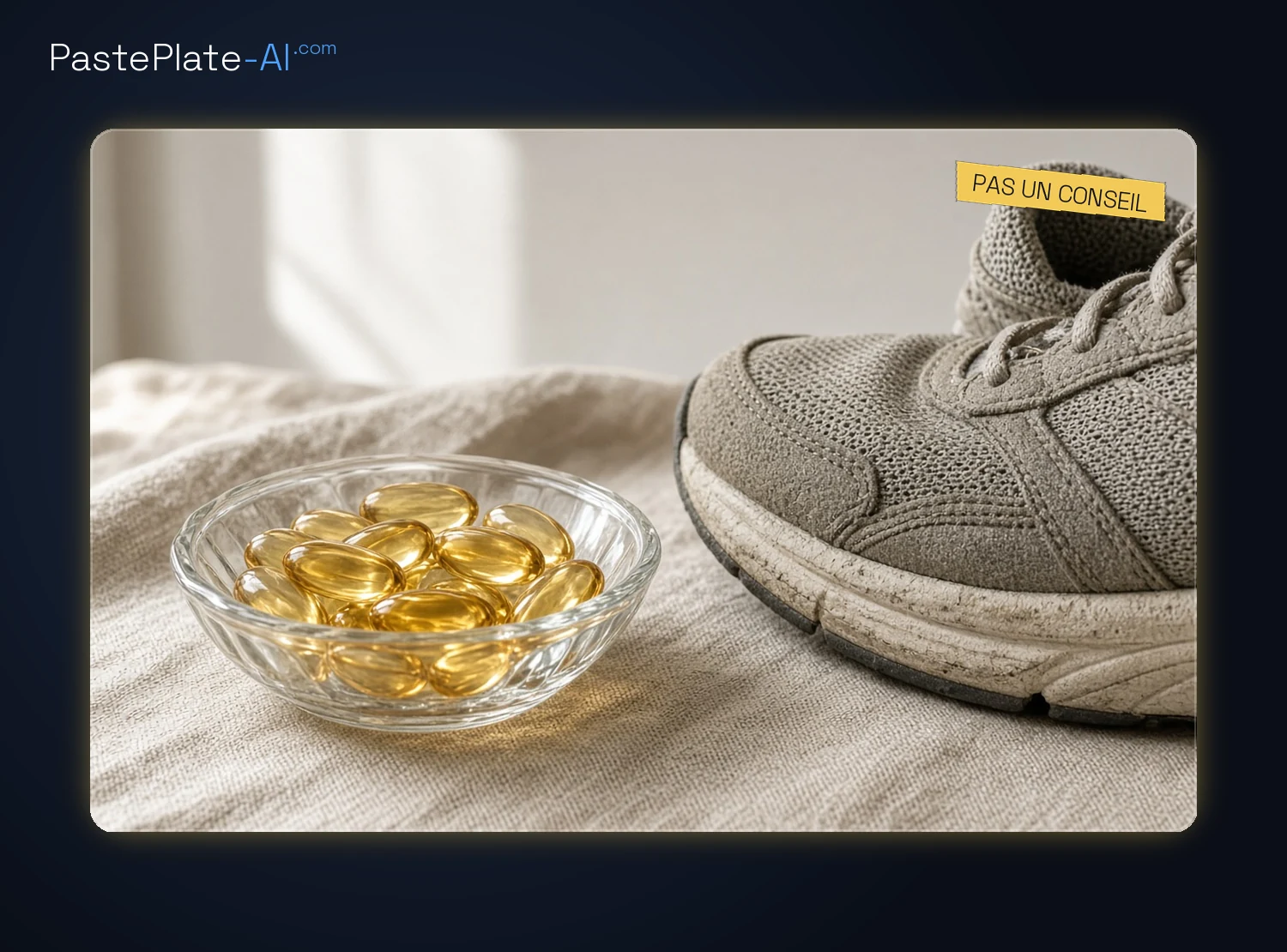 Gélules unies dans un plat en verre à côté d'une chaussure de marche, sans marque, étiquette jaune Pas un conseil.
