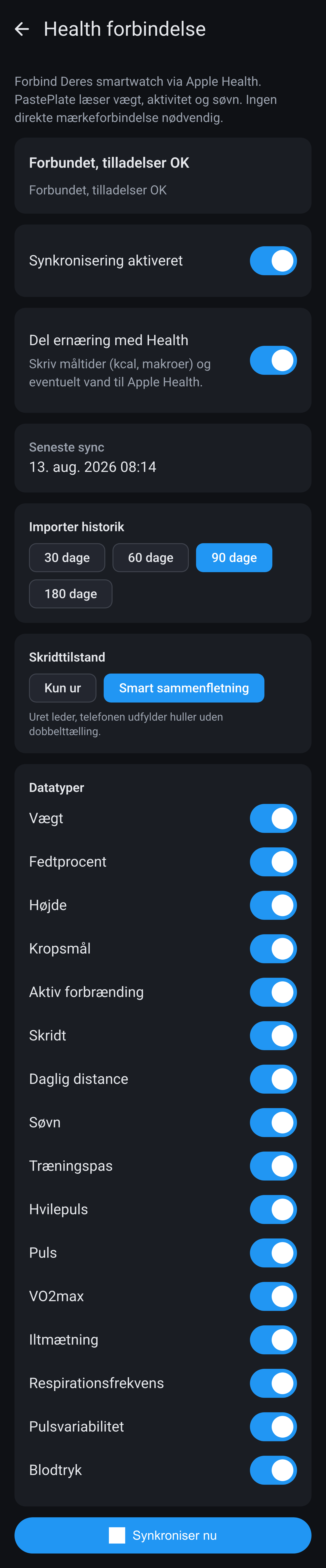 Health-forbindelse på iPhone: synkronisering slået til, importhistorik, skridttilstand og kontakter per datatype.
