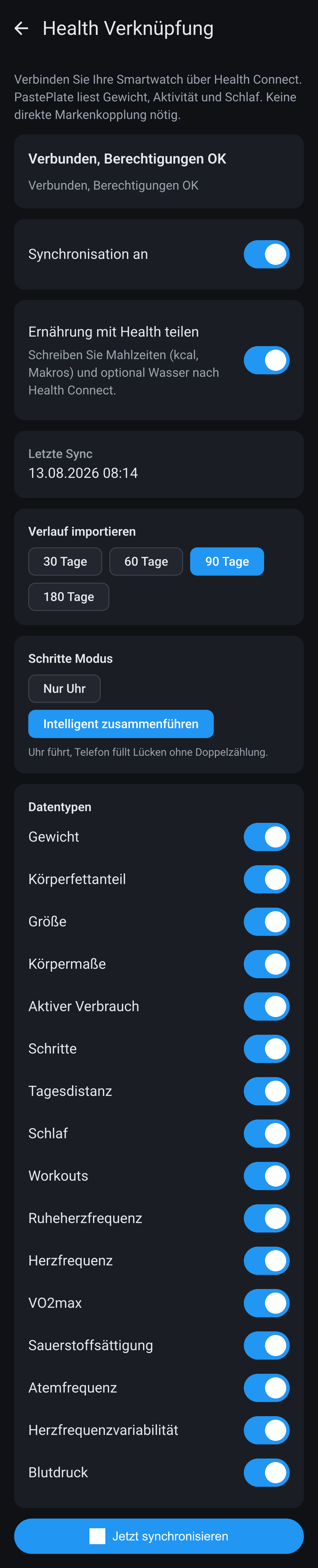 Health-Verknüpfung-Einstellungen auf Android: Sync an, Verlauf importieren, Schritte Modus und Schalter pro Datentyp.