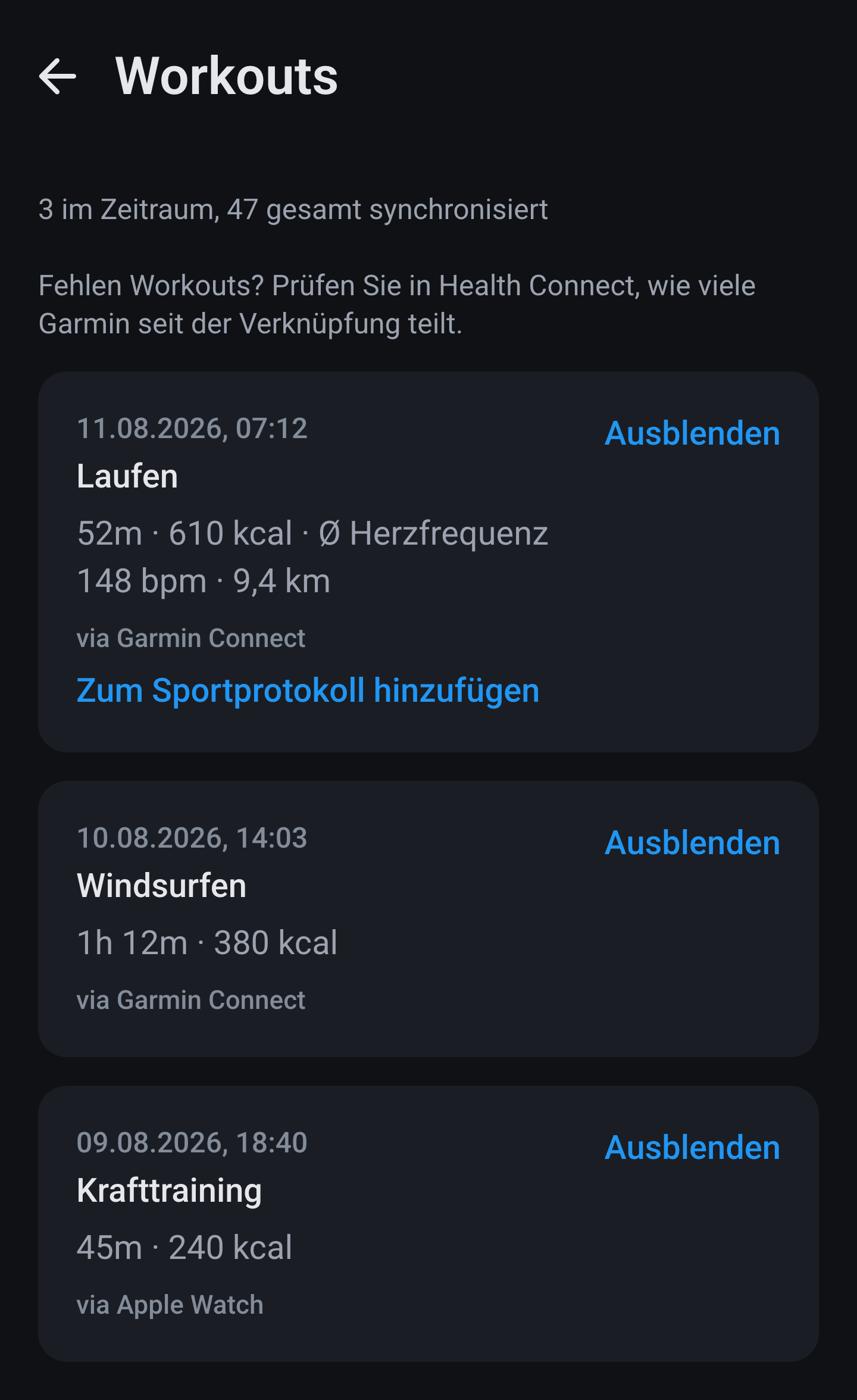 Workout-Liste mit Laufen, Windsurfen und Krafttraining, jeweils mit Dauer, Kalorien und Quelle.
