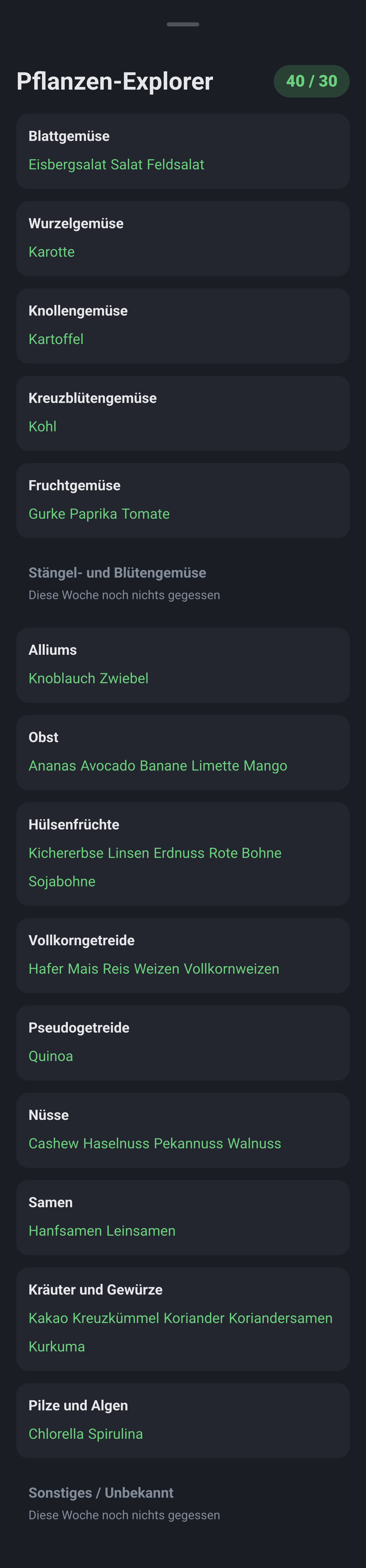 Pflanzen-Explorer mit 15 Kategorien, geloggten Arten und fehlenden Kategorien.