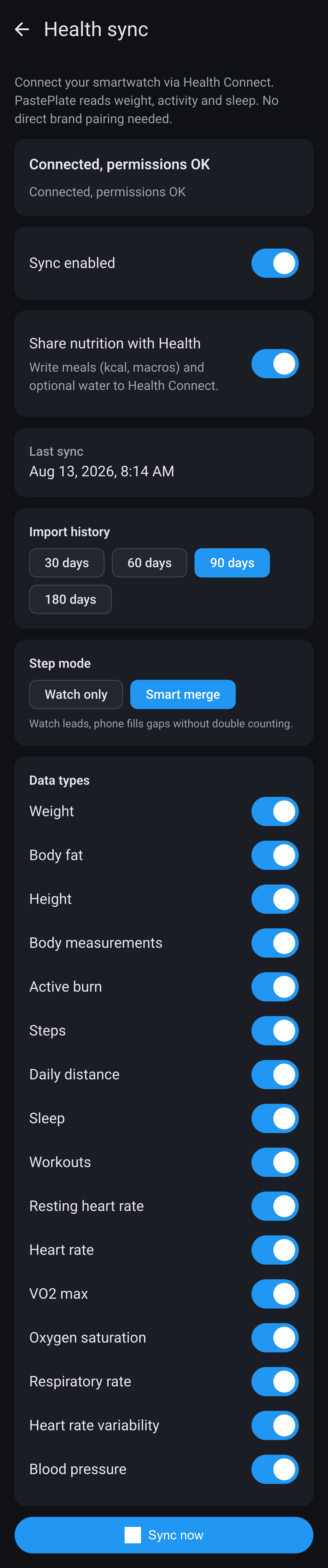 Health sync settings on Android: sync enabled, import history, step mode and data type switches.