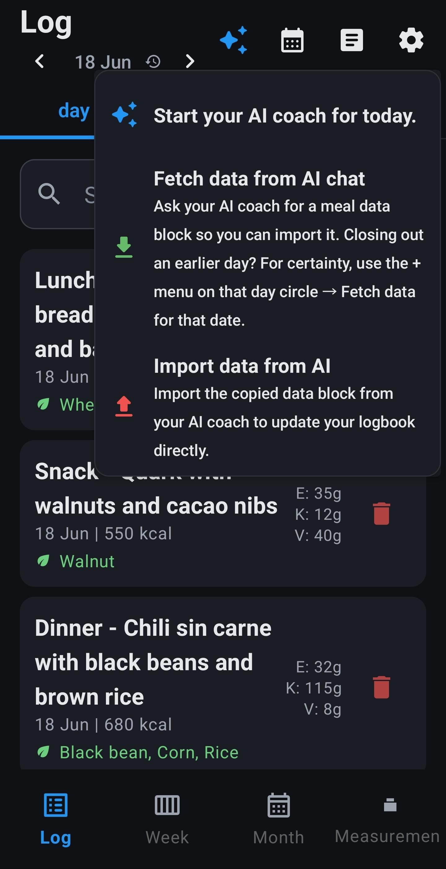PastePlate-AI logbook on the Log tab: AI menu open with Start your AI coach, Fetch data and Import, with logged meals on 18 Jun.