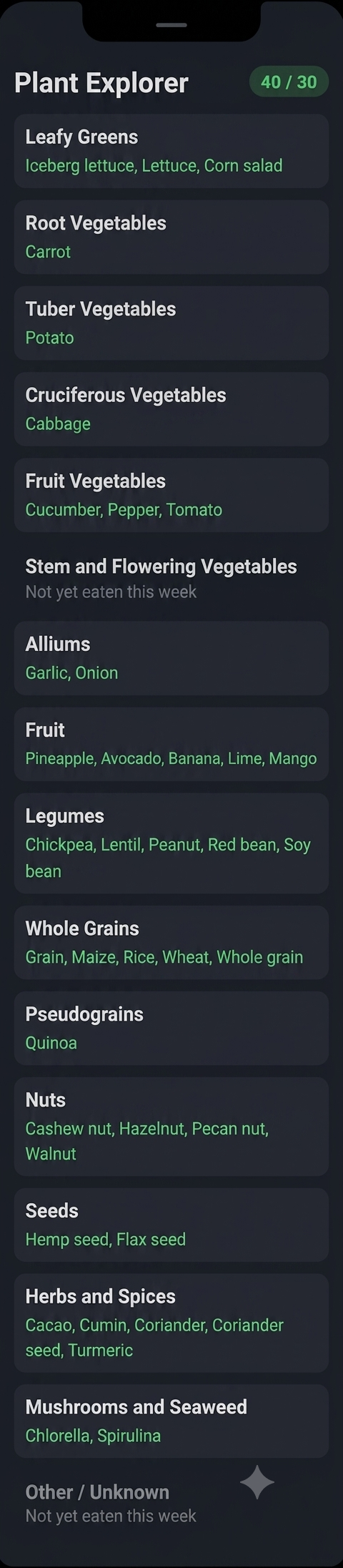 Plant explorer with 15 categories, species logged and missing categories.
