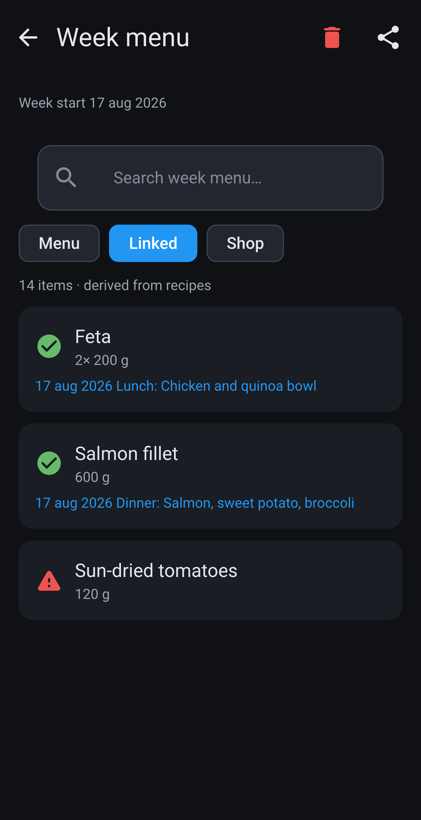 Week menu on the Linked tab: shopping lines next to the recipes they came from, with a warning on an item that does not match.