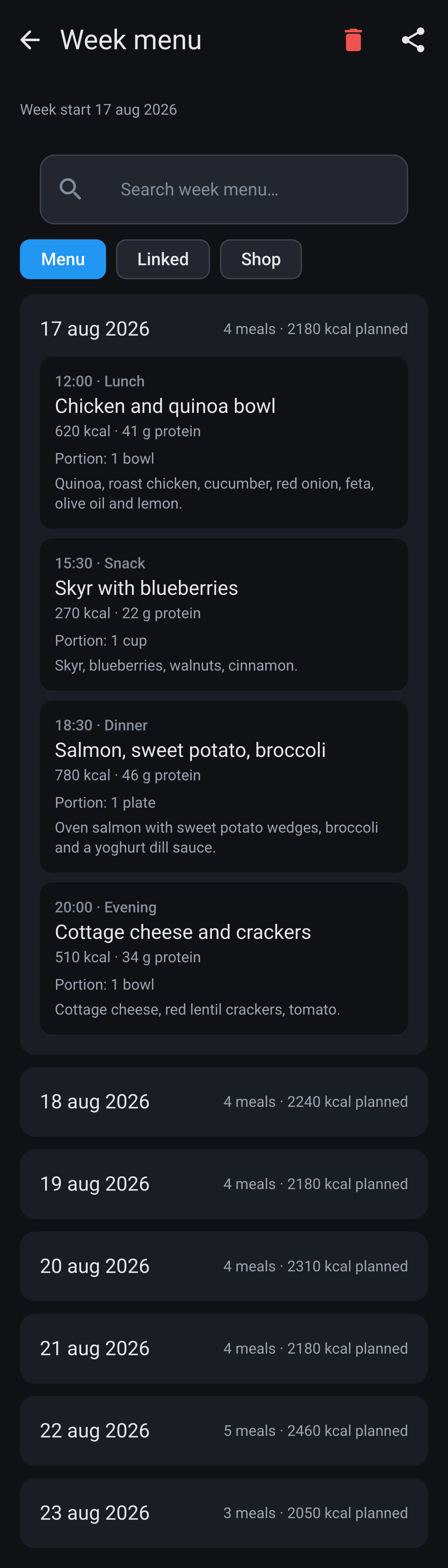 Week menu on the Menu tab with the first day expanded: lunch, snack, dinner and evening, each with calories and protein.