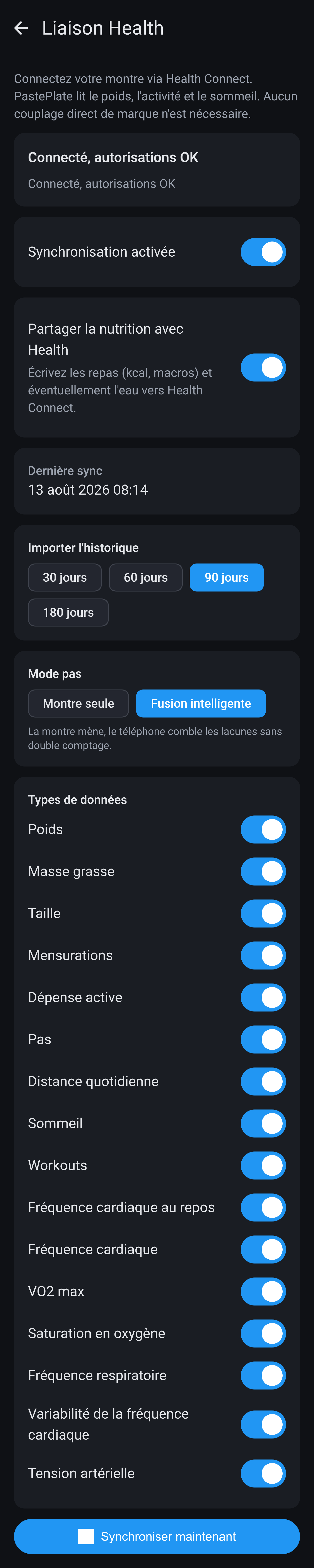 Réglages Liaison Health sur Android : sync activée, import historique, mode pas et interrupteurs par type de données.