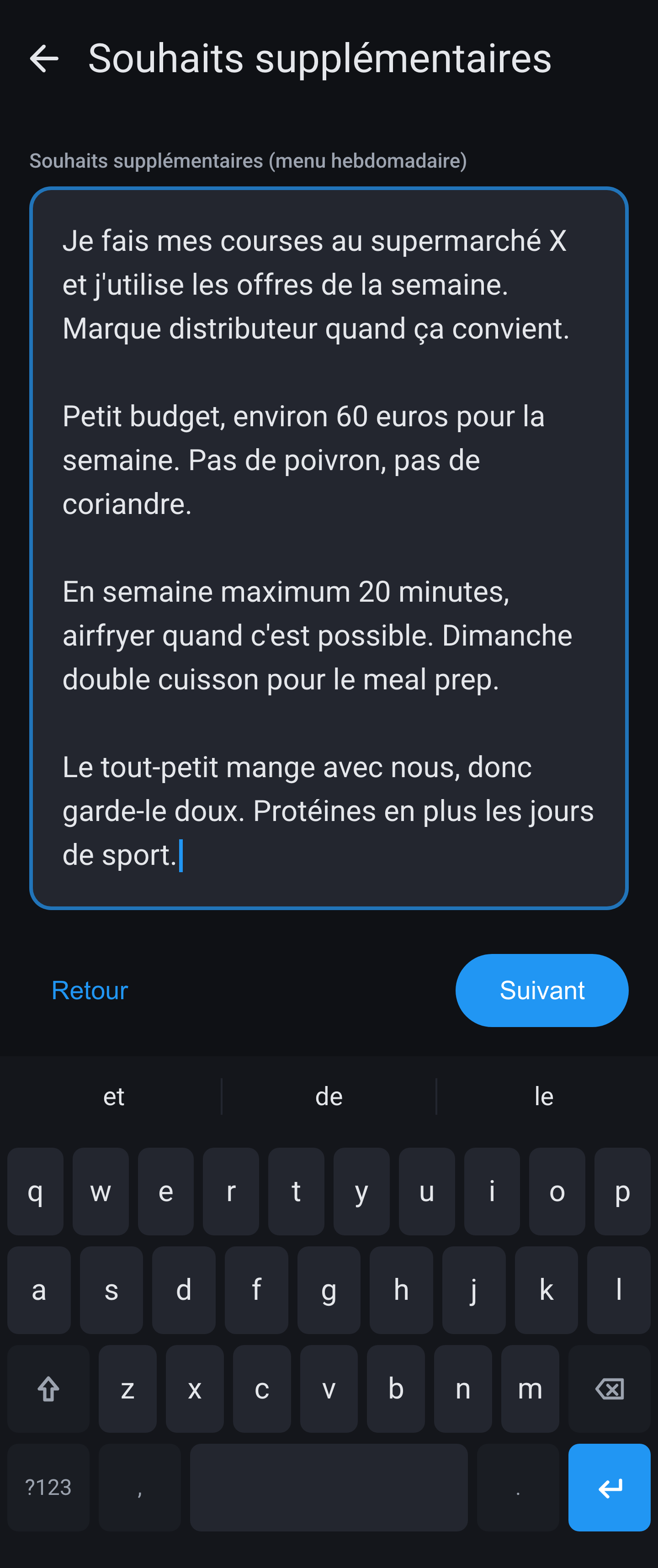 Assistant plan hebdomadaire à l'étape Souhaits supplémentaires, avec des souhaits sur supermarché, budget et temps de cuisson.