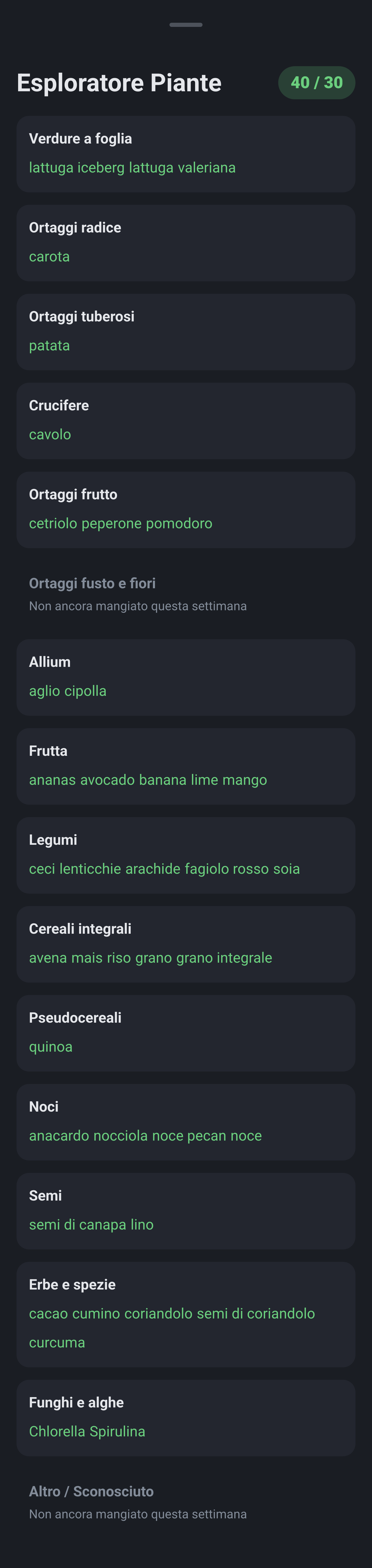 Esploratore Piante con 15 categorie, specie registrate e categorie mancanti.