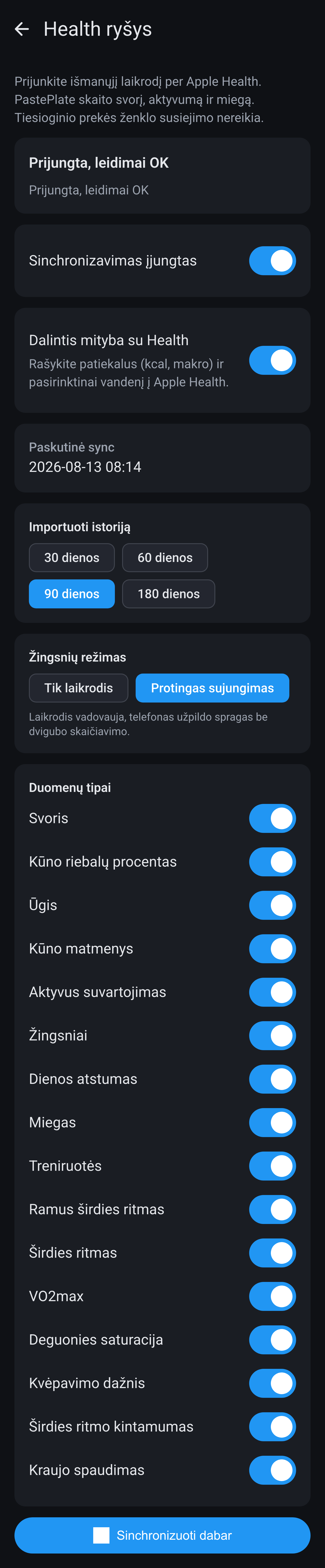 Health ryšio nustatymai iPhone: sinchronizavimas įjungtas, istorijos importas, žingsnių režimas ir duomenų tipų jungikliai.