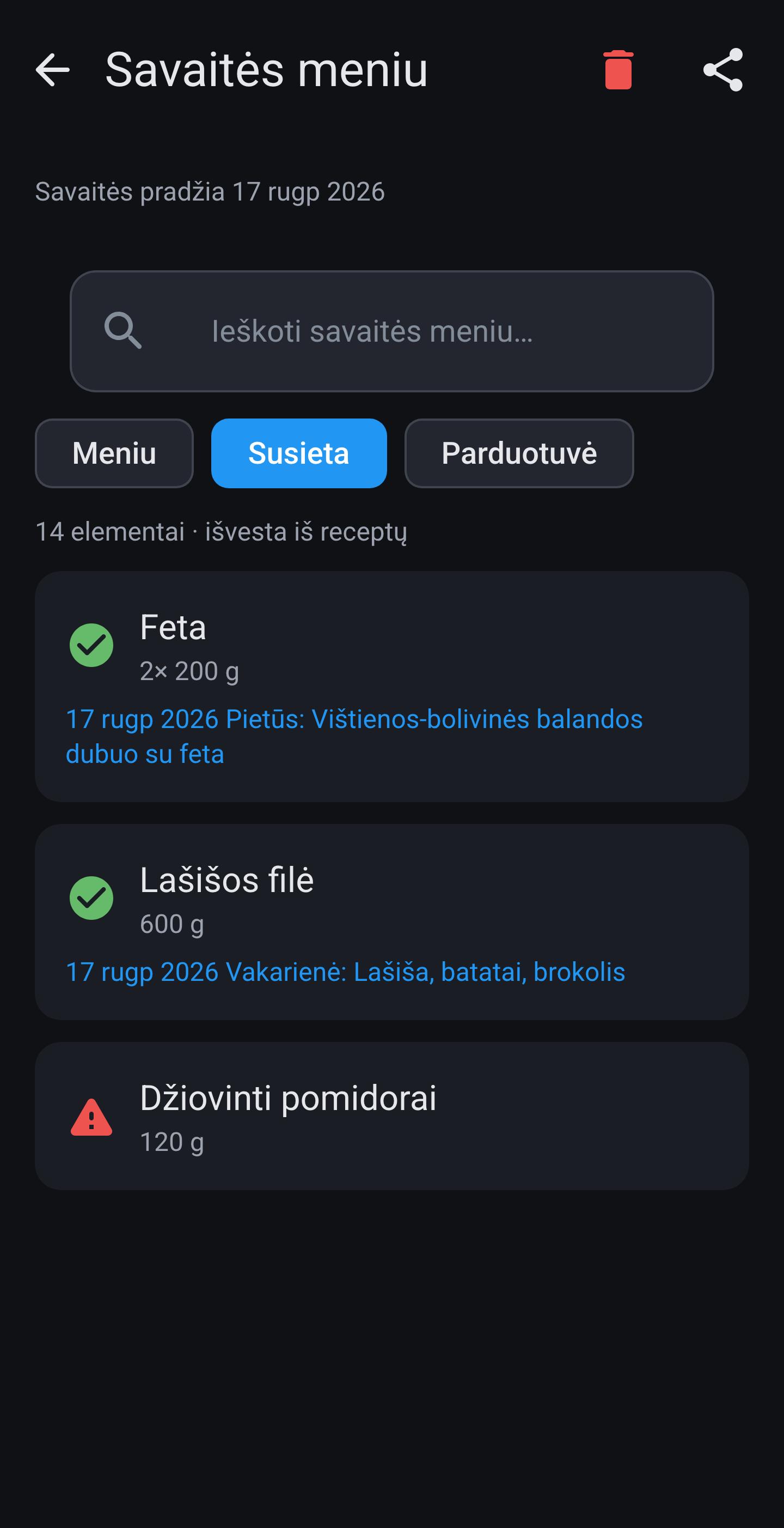 Savaitės meniu skirtuke Susieta: pirkinių eilutės šalia receptų, su perspėjimu prie nesutampančios prekės.
